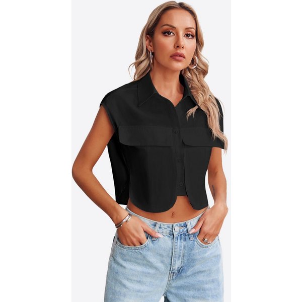 Imily Bela Blusenshirt Damen Ärmellose Cropped mit Brusttaschen und Kragen Casual (Packung, 1-tlg., 1per-Pack) aus Baumwolle in Unifarbe