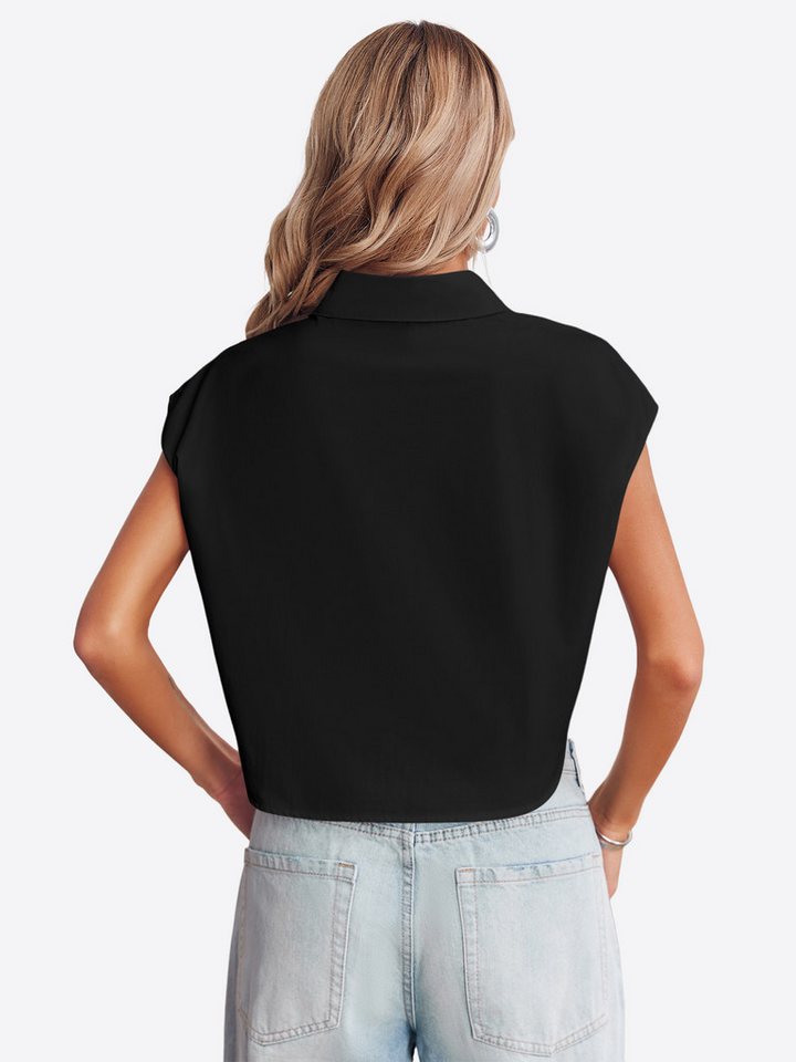 Imily Bela Blusenshirt Damen Ärmellose Cropped mit Brusttaschen und Kragen Casual (Packung, 1-tlg., 1per-Pack) aus Baumwolle in Unifarbe – Bild 2 von 5
