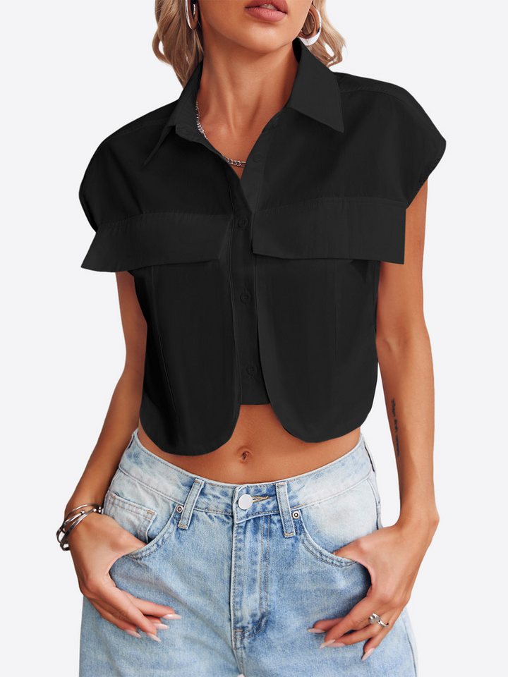 Imily Bela Blusenshirt Damen Ärmellose Cropped mit Brusttaschen und Kragen Casual (Packung, 1-tlg., 1per-Pack) aus Baumwolle in Unifarbe – Bild 4 von 5