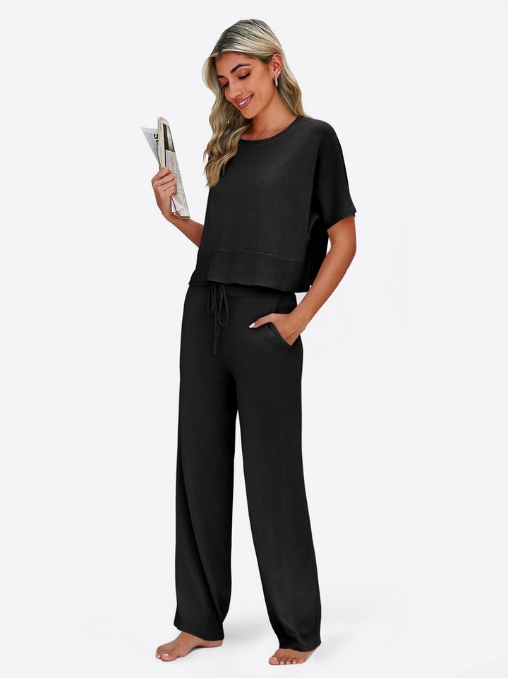 Imily Bela Hausanzug Damen 2-teilige Pullover-Sets (Set, 2 tlg., Strick-Crop-Tops mit Schlitz + High-Waist-Hosen) Volltonfarbe – Bild 3 von 5