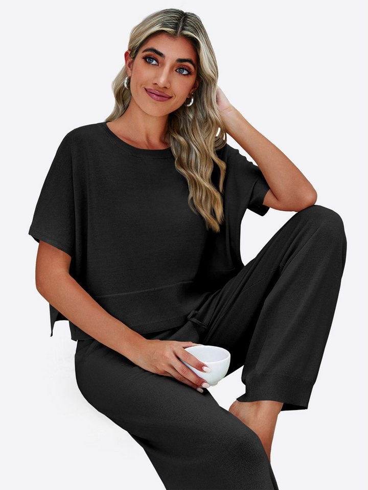 Imily Bela Hausanzug Damen 2-teilige Pullover-Sets (Set, 2 tlg., Strick-Crop-Tops mit Schlitz + High-Waist-Hosen) Volltonfarbe – Bild 5 von 5