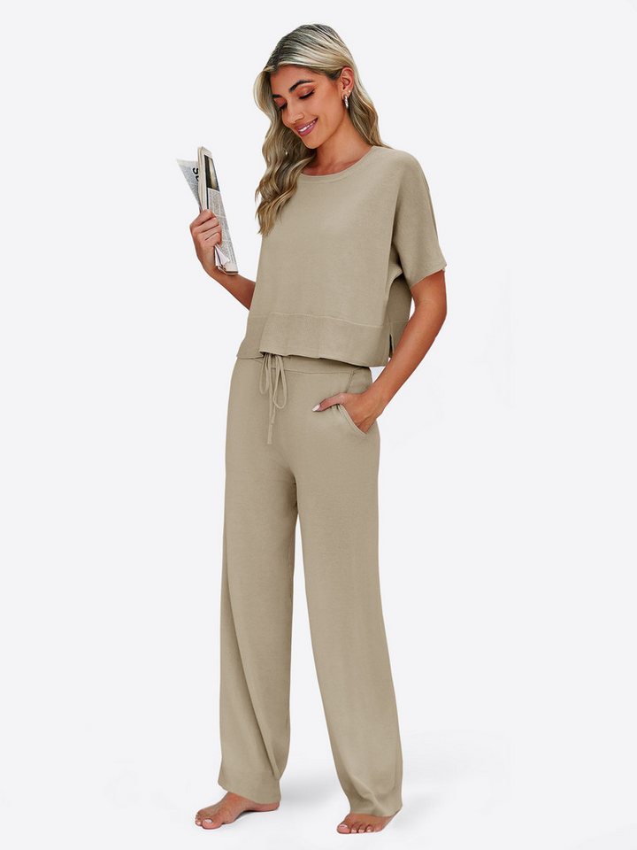 Imily Bela Hausanzug Damen 2-teilige Pullover-Sets (Set, 2 tlg., Strick-Crop-Tops mit Schlitz + High-Waist-Hosen) Volltonfarbe – Bild 3 von 5