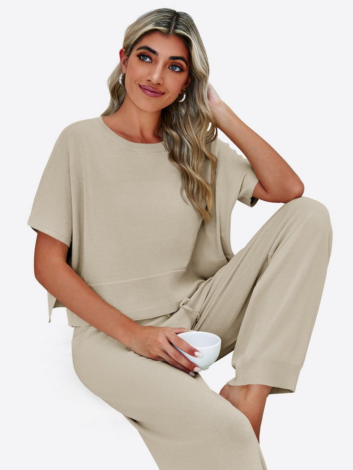 Imily Bela Hausanzug Damen 2-teilige Pullover-Sets (Set, 2 tlg., Strick-Crop-Tops mit Schlitz + High-Waist-Hosen) Volltonfarbe – Bild 5 von 5