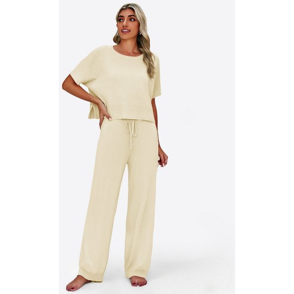 Imily Bela Hausanzug Damen 2-teilige Pullover-Sets (Set, 2 tlg., Strick-Crop-Tops mit Schlitz + High-Waist-Hosen) Volltonfarbe