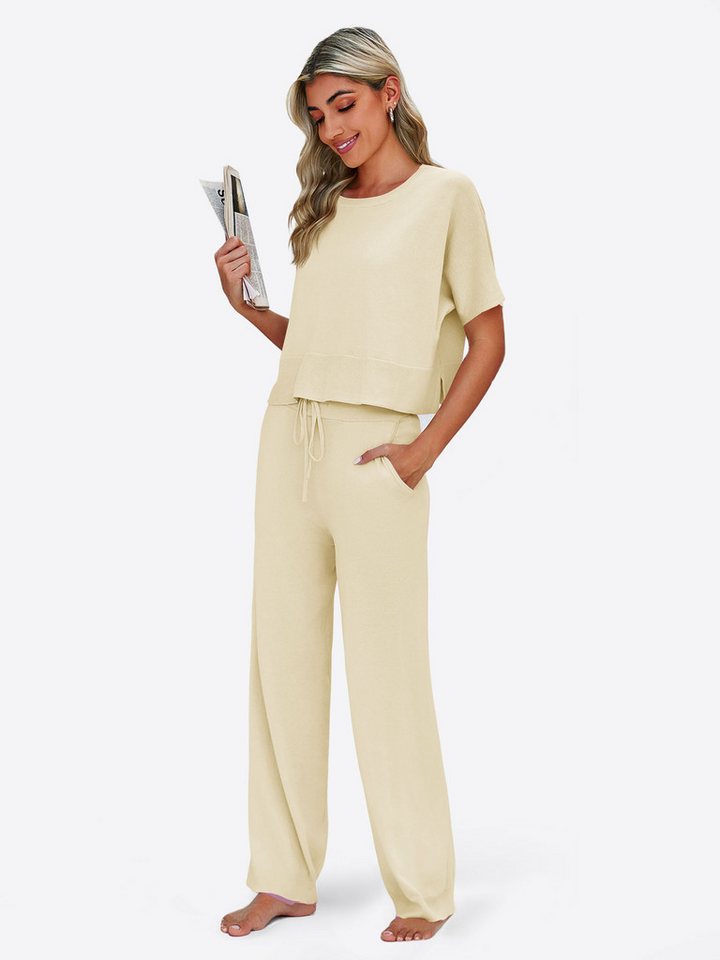 Imily Bela Hausanzug Damen 2-teilige Pullover-Sets (Set, 2 tlg., Strick-Crop-Tops mit Schlitz + High-Waist-Hosen) Volltonfarbe – Bild 3 von 5