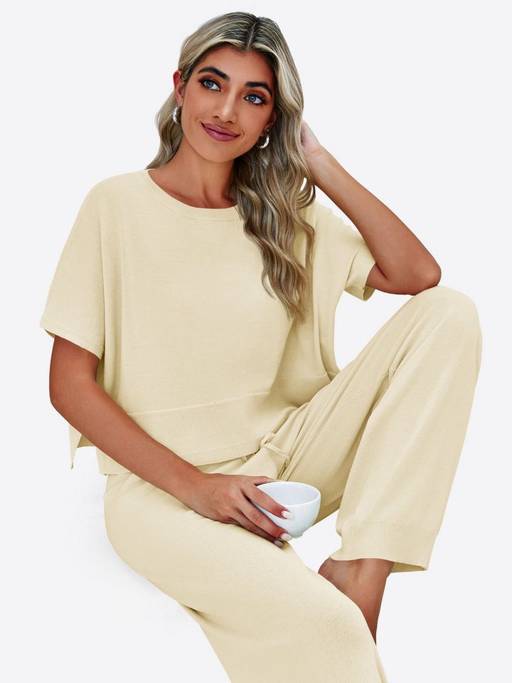 Imily Bela Hausanzug Damen 2-teilige Pullover-Sets (Set, 2 tlg., Strick-Crop-Tops mit Schlitz + High-Waist-Hosen) Volltonfarbe – Bild 5 von 5