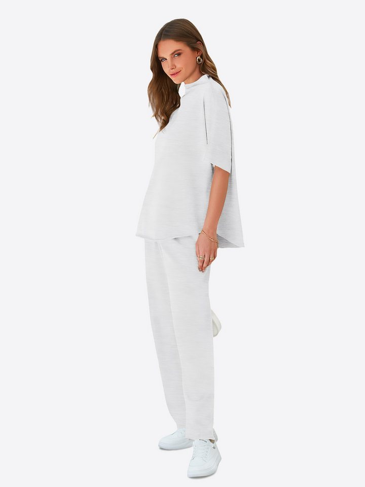 Imily Bela Hausanzug Damen Lounge-Set (Set, 2 tlg., Pullover-Oberteil mit 3/4-Fledermausärmeln + weite Hosen) Einfarbig – Bild 4 von 5