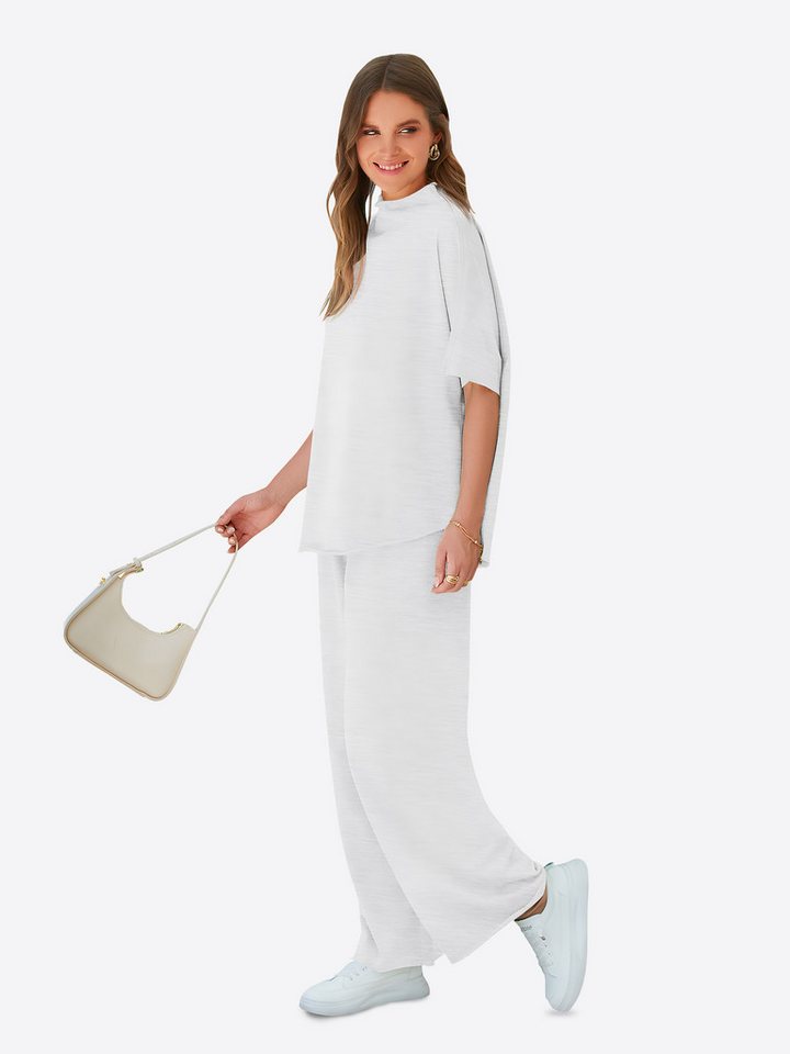 Imily Bela Hausanzug Damen Lounge-Set (Set, 2 tlg., Pullover-Oberteil mit 3/4-Fledermausärmeln + weite Hosen) Einfarbig – Bild 5 von 5