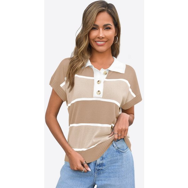 Imily Bela Kurzarmpullover Damen Gestreifter Kurzarm Strickpullover mit Knopfleiste (Packung, 1-tlg., 1per-Pack) mit V-Ausschnitt