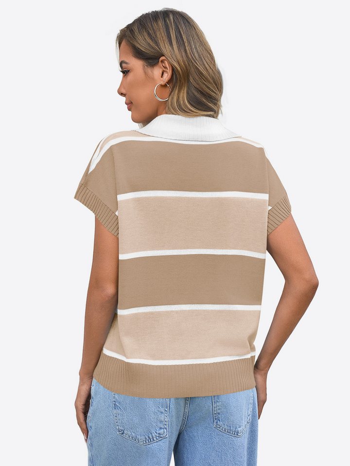 Imily Bela Kurzarmpullover Damen Gestreifter Kurzarm Strickpullover mit Knopfleiste (Packung, 1-tlg., 1per-Pack) mit V-Ausschnitt – Bild 3 von 5