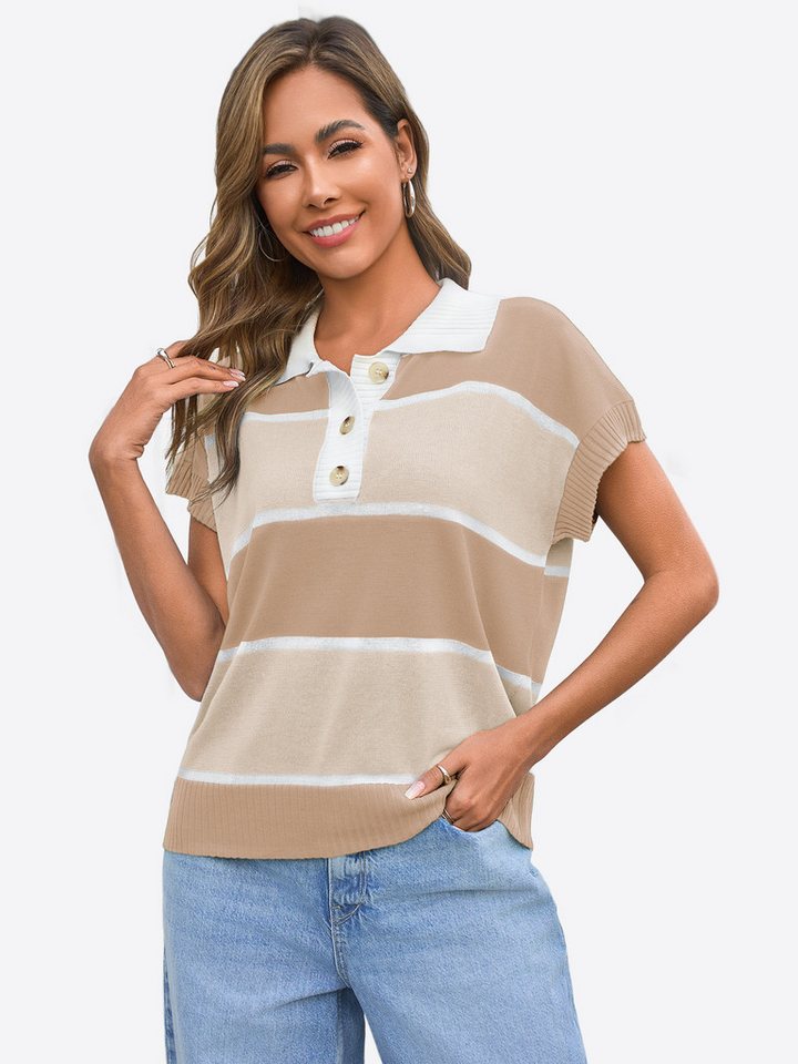 Imily Bela Kurzarmpullover Damen Gestreifter Kurzarm Strickpullover mit Knopfleiste (Packung, 1-tlg., 1per-Pack) mit V-Ausschnitt – Bild 5 von 5