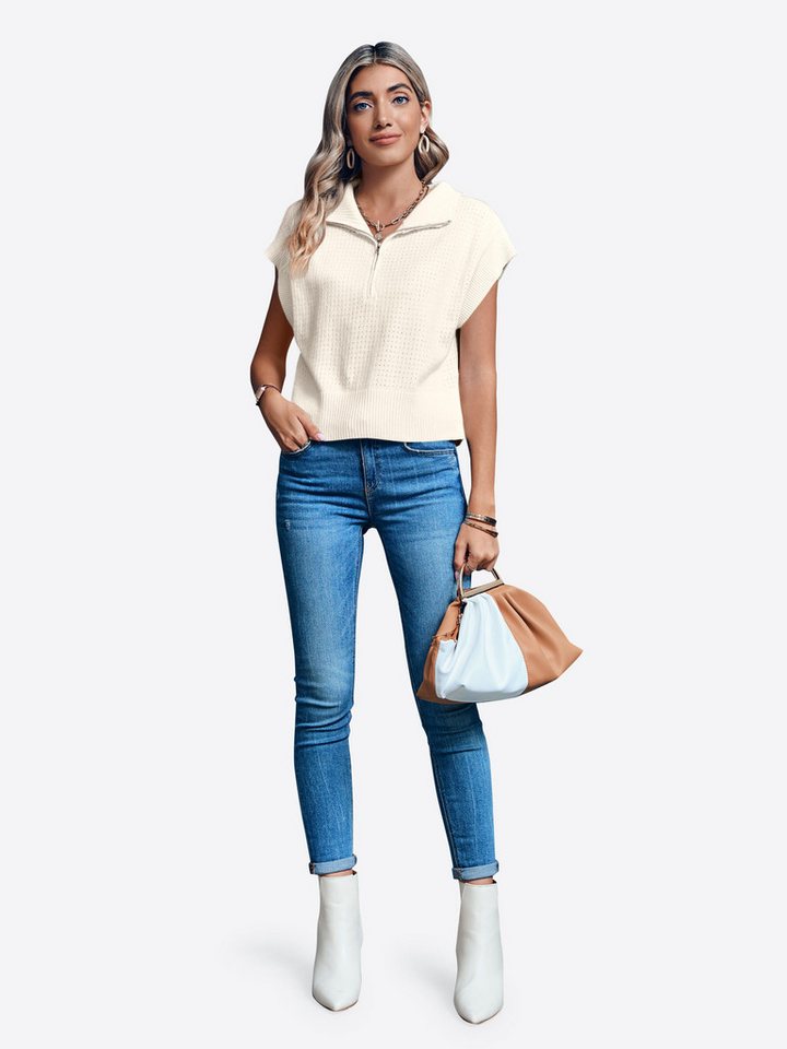 Imily Bela Kurzarmpullover Damen Kurzarm-Top mit Halbreißverschluss (Packung, 1-tlg., 1per-Pack) hochschließender Kragen – Bild 3 von 5
