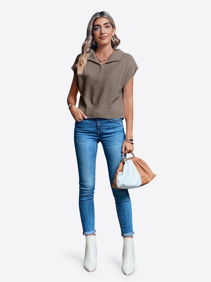 Imily Bela Kurzarmpullover Damen Kurzarm-Top mit Halbreißverschluss (Packung, 1-tlg., 1per-Pack) hochschließender Kragen – Bild 3 von 5