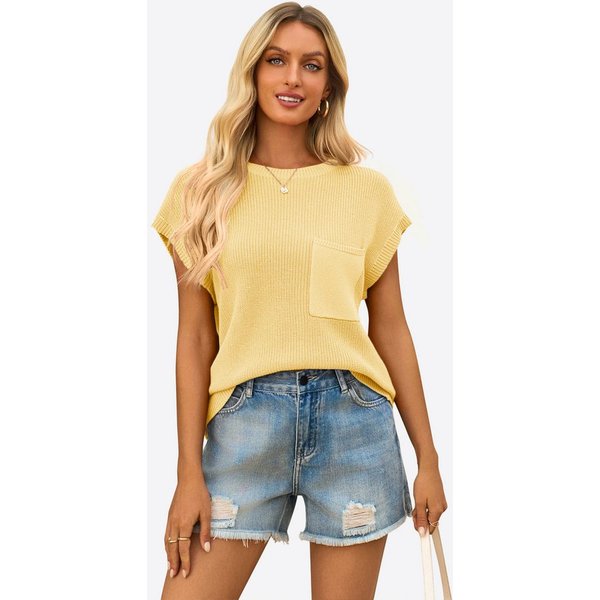 Imily Bela Kurzarmpullover Damen Trendige Strickshirt mit Brusttasche (Packung, 1-tlg., 1per-Pack) einfarbig