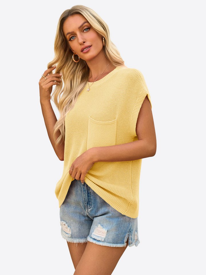 Imily Bela Kurzarmpullover Damen Trendige Strickshirt mit Brusttasche (Packung, 1-tlg., 1per-Pack) einfarbig – Bild 5 von 5