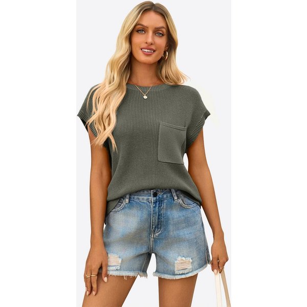 Imily Bela Kurzarmpullover Damen Trendige Strickshirt mit Brusttasche (Packung, 1-tlg., 1per-Pack) einfarbig
