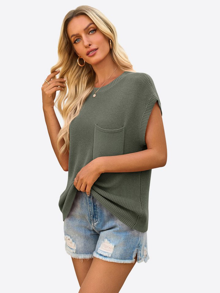 Imily Bela Kurzarmpullover Damen Trendige Strickshirt mit Brusttasche (Packung, 1-tlg., 1per-Pack) einfarbig – Bild 5 von 5