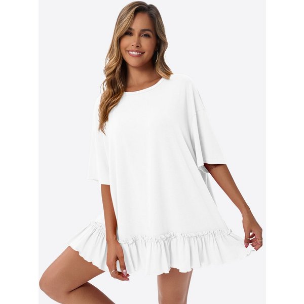 Imily Bela Shirtkleid Damen mit Rüschen Rundhals Oversize Sommer Strand Tunika (Packung, 1-tlg., 1per-Pack) mit Rundhalsausschnitt in Unifarbe