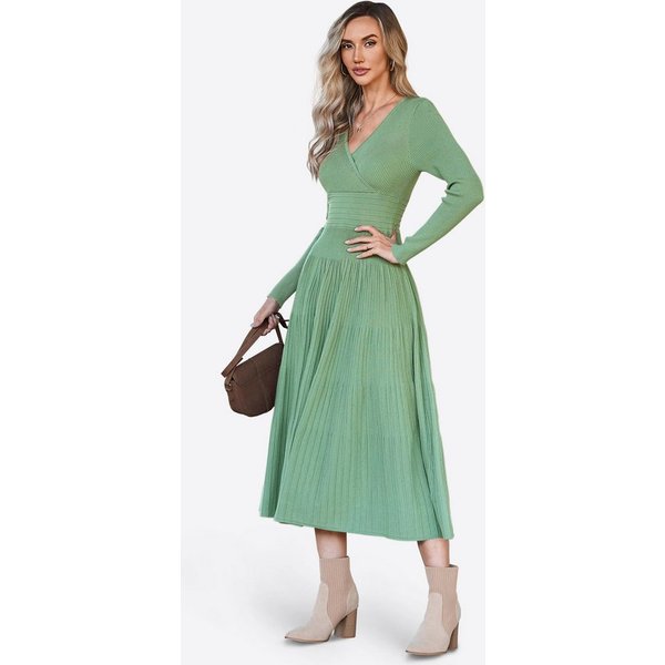 Imily Bela Strickkleid Damen Langarm Midi Pullover Kleid Wrap V-Ausschnitt (Packung, 1-tlg., 1per-Pack) Faltenrock