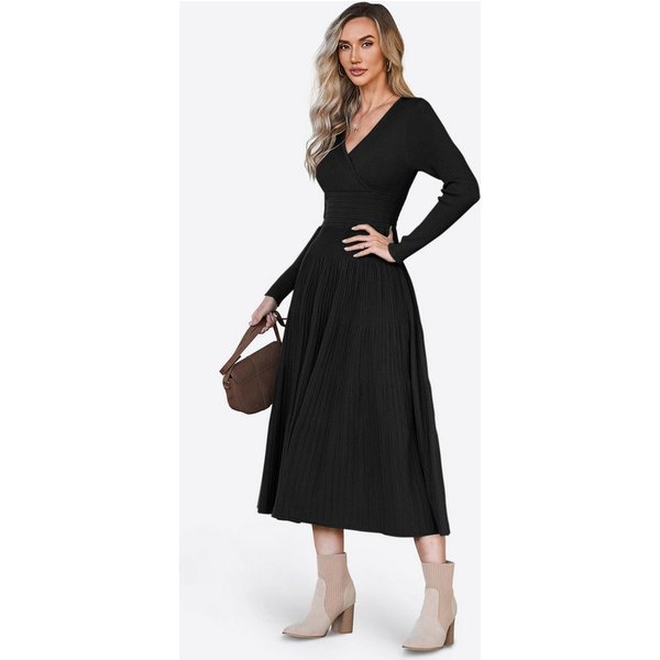 Imily Bela Strickkleid Damen Langarm Midi Pullover Kleid Wrap V-Ausschnitt (Packung, 1-tlg., 1per-Pack) Faltenrock