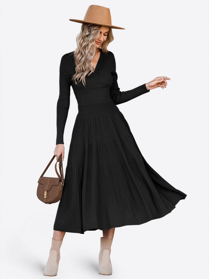 Imily Bela Strickkleid Damen Langarm Midi Pullover Kleid Wrap V-Ausschnitt (Packung, 1-tlg., 1per-Pack) Faltenrock – Bild 3 von 5