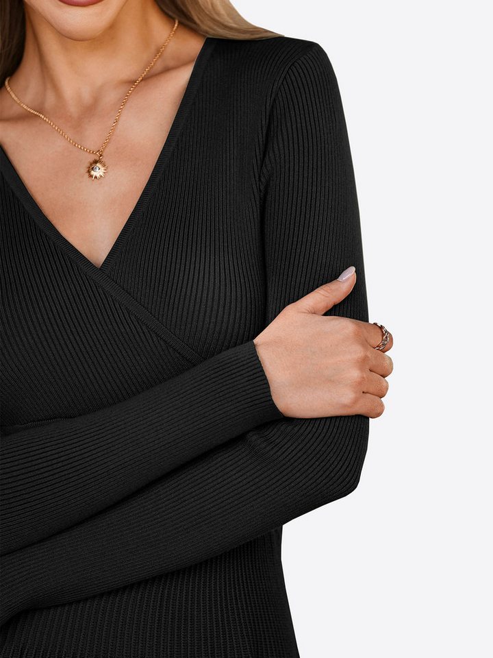 Imily Bela Strickkleid Damen Langarm Midi Pullover Kleid Wrap V-Ausschnitt (Packung, 1-tlg., 1per-Pack) Faltenrock – Bild 4 von 5