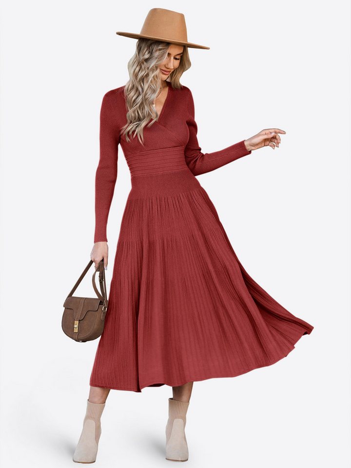 Imily Bela Strickkleid Damen Langarm Midi Pullover Kleid Wrap V-Ausschnitt (Packung, 1-tlg., 1per-Pack) Faltenrock – Bild 3 von 5