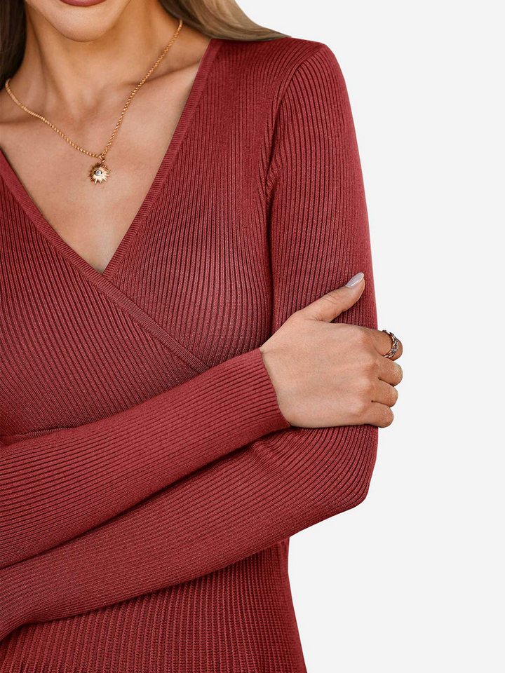 Imily Bela Strickkleid Damen Langarm Midi Pullover Kleid Wrap V-Ausschnitt (Packung, 1-tlg., 1per-Pack) Faltenrock – Bild 4 von 5