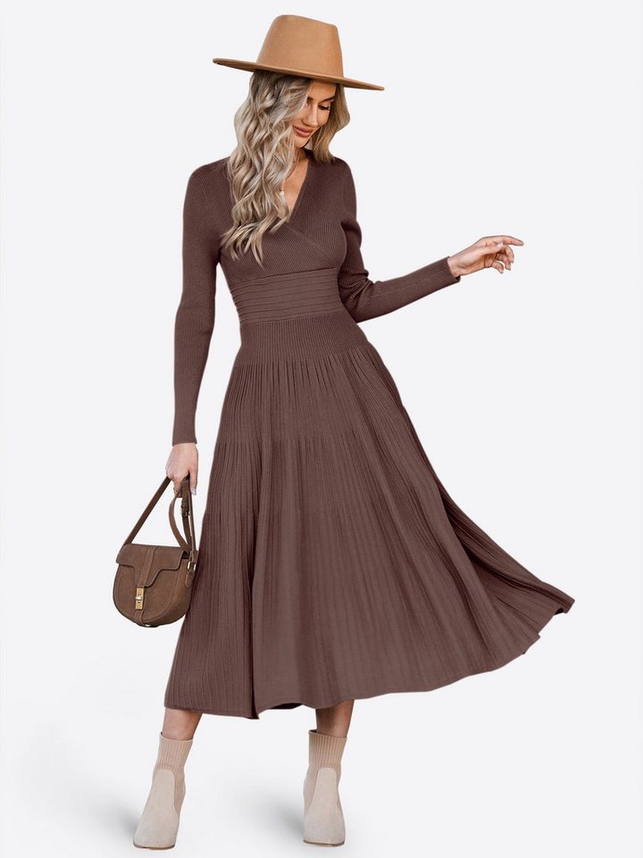 Imily Bela Strickkleid Damen Langarm Midi Pullover Kleid Wrap V-Ausschnitt (Packung, 1-tlg., 1per-Pack) Faltenrock – Bild 3 von 5