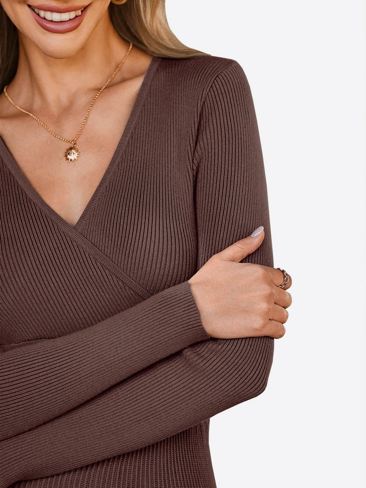 Imily Bela Strickkleid Damen Langarm Midi Pullover Kleid Wrap V-Ausschnitt (Packung, 1-tlg., 1per-Pack) Faltenrock – Bild 4 von 5