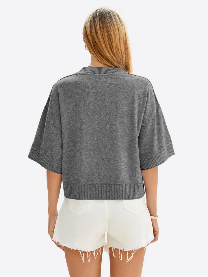 Imily Bela Strickpullover Damen Halbarm Sommer Oversized Cropped Casual Sweater (Packung, 1-tlg., 1per-Pack) in Unifarbe gehäkelt – Bild 2 von 5