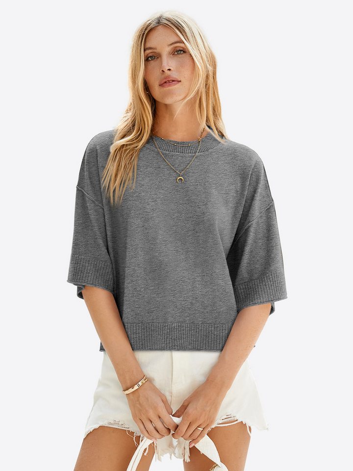 Imily Bela Strickpullover Damen Halbarm Sommer Oversized Cropped Casual Sweater (Packung, 1-tlg., 1per-Pack) in Unifarbe gehäkelt – Bild 4 von 5