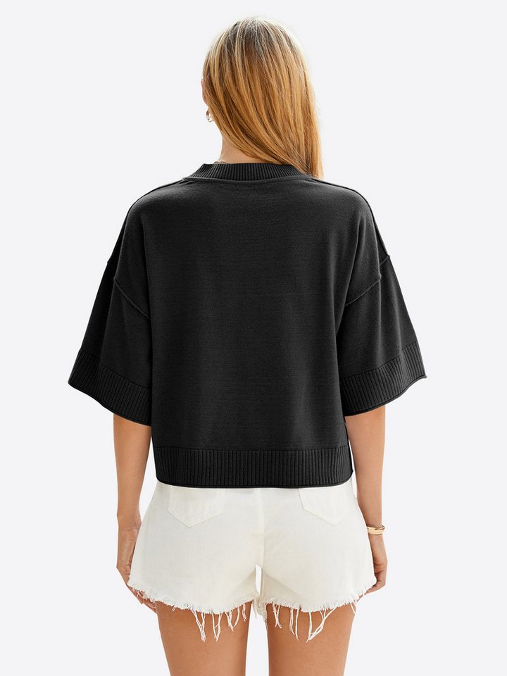 Imily Bela Strickpullover Damen Halbarm Sommer Oversized Cropped Casual Sweater (Packung, 1-tlg., 1per-Pack) in Unifarbe gehäkelt – Bild 2 von 5