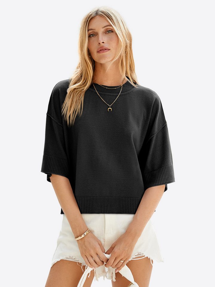 Imily Bela Strickpullover Damen Halbarm Sommer Oversized Cropped Casual Sweater (Packung, 1-tlg., 1per-Pack) in Unifarbe gehäkelt – Bild 4 von 5
