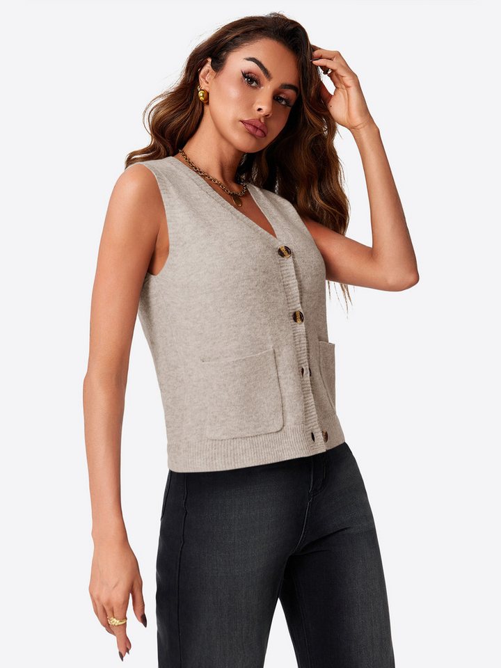 Imily Bela Strickweste Damen Ärmellos mit V-Ausschnitt Knopfleiste und Taschen (Packung, 1-tlg., 1per-Pack) in Unifarbe gehäkelt – Bild 4 von 5