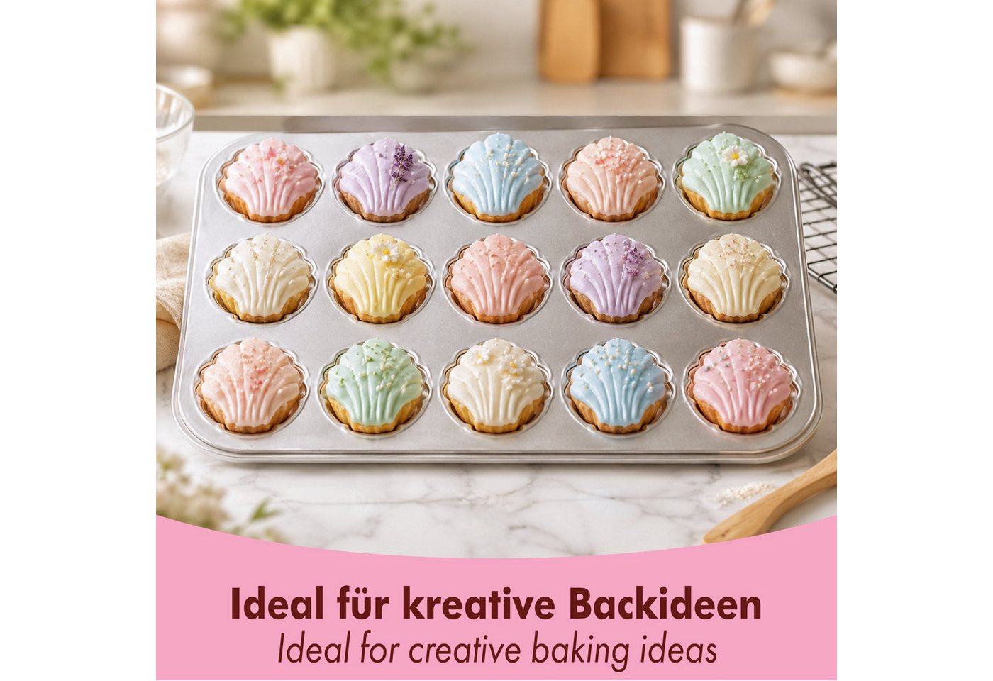 immer Muffinform Edelstahl Backform-Set Muffinblech 12 Muffin/Cupcake- und 12 Muscheln, (Muffinblech-Set 2-tlg) – Bild 4 von 5