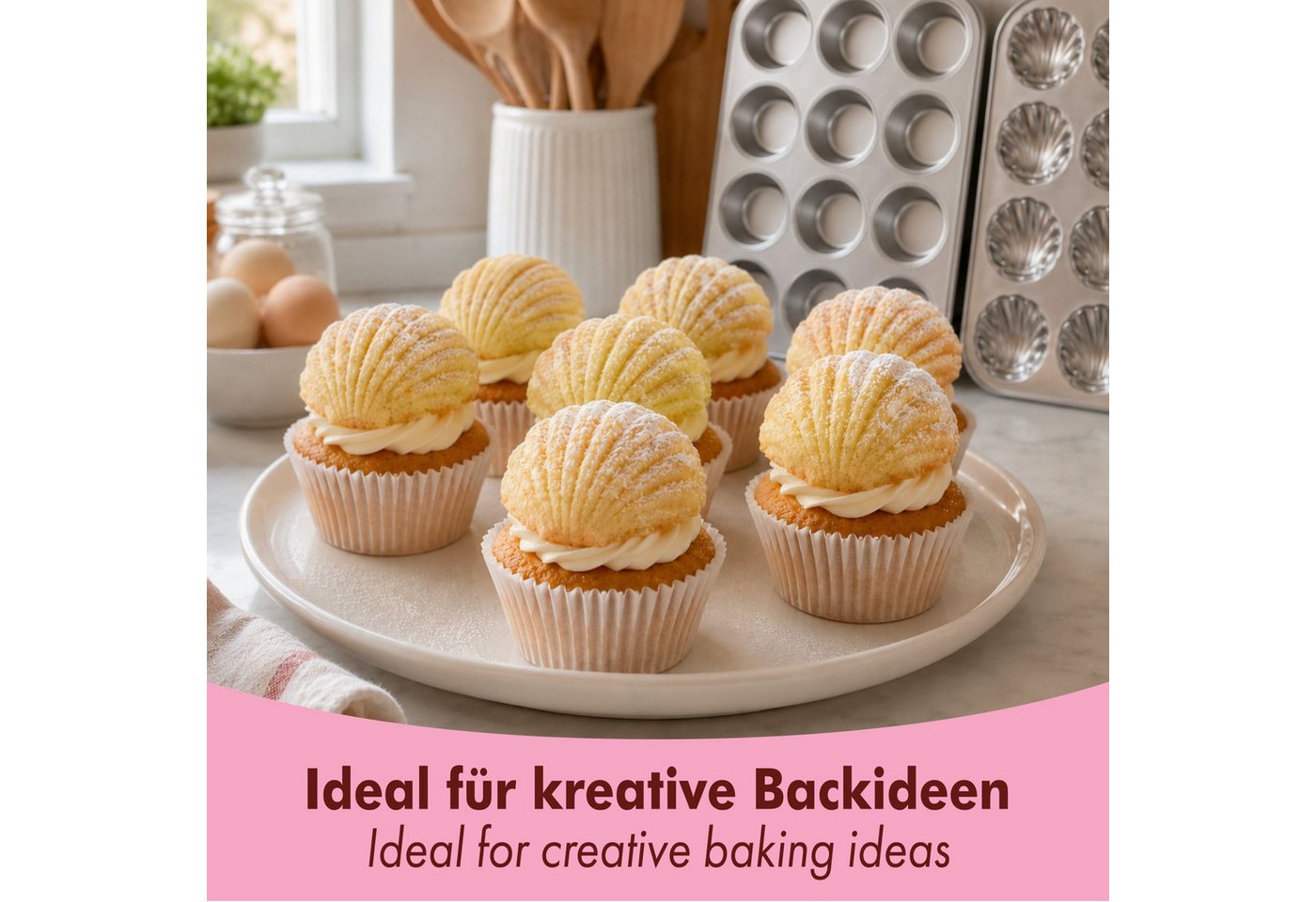 immer Muffinform Edelstahl Backform-Set Muffinblech 12 Muffin/Cupcake- und 12 Muscheln, (Muffinblech-Set 2-tlg) – Bild 5 von 5