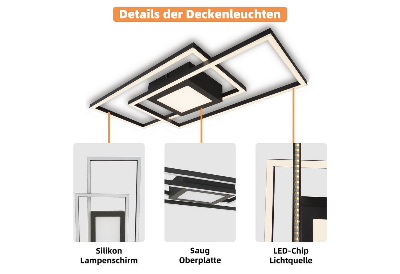 IMPTS Deckenleuchte Deckenbeleuchtung Schwarz Dimmbar Deckenlampe mit Nachtlichtfunktion, Dimmbar, LED fest integriert, Warmweiß, Schwarz Leuchten für Wohnzimme – Bild 5 von 5