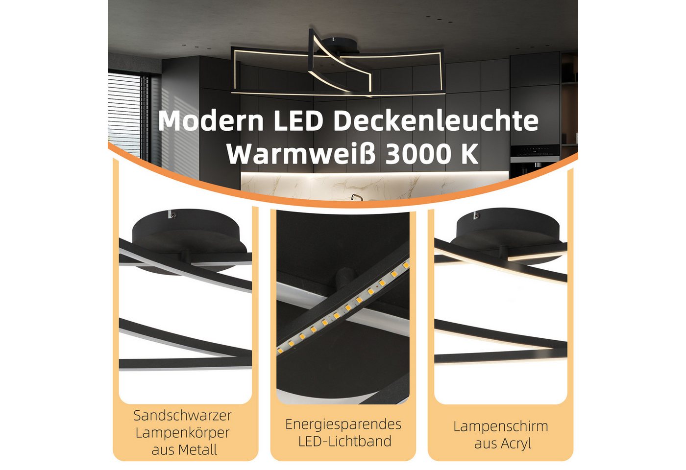 IMPTS Deckenleuchte Deckenleuchte Deckenlampe Schwarz 2 Rechteck 3000k Warmweiß Metall, Warmweiß, LED fest integriert, Warmweiß, Hängelampe Deckenleuchte für Sc – Bild 4 von 5