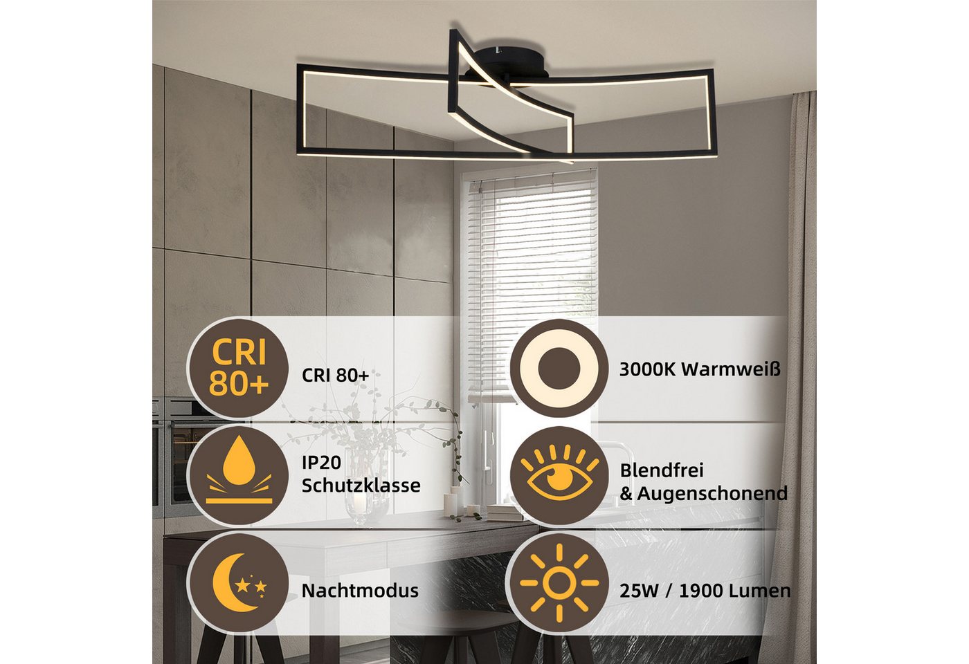 IMPTS Deckenleuchte Deckenleuchte Deckenlampe Schwarz 2 Rechteck 3000k Warmweiß Metall, Warmweiß, LED fest integriert, Warmweiß, Hängelampe Deckenleuchte für Sc – Bild 5 von 5