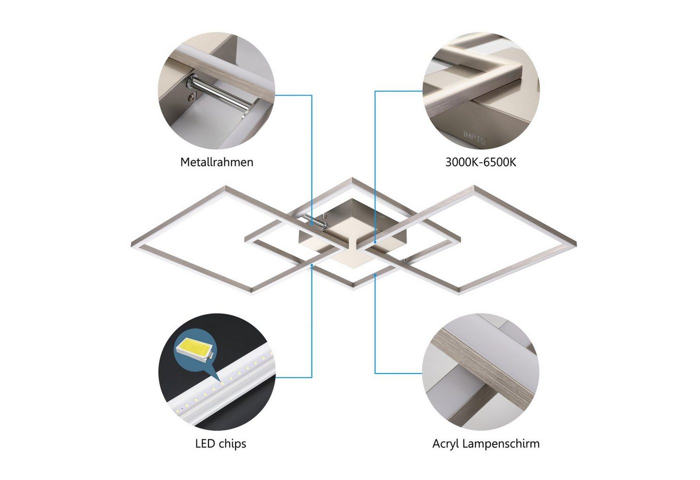 IMPTS Deckenleuchte LED Deckenlampe Mit Fernbedienung, Dimmbar, Warmweiß, Neutralweiß, Kaltweiß, Matt-nickel, für Wohnzimmer Schlafzimmer Küche – Bild 4 von 5