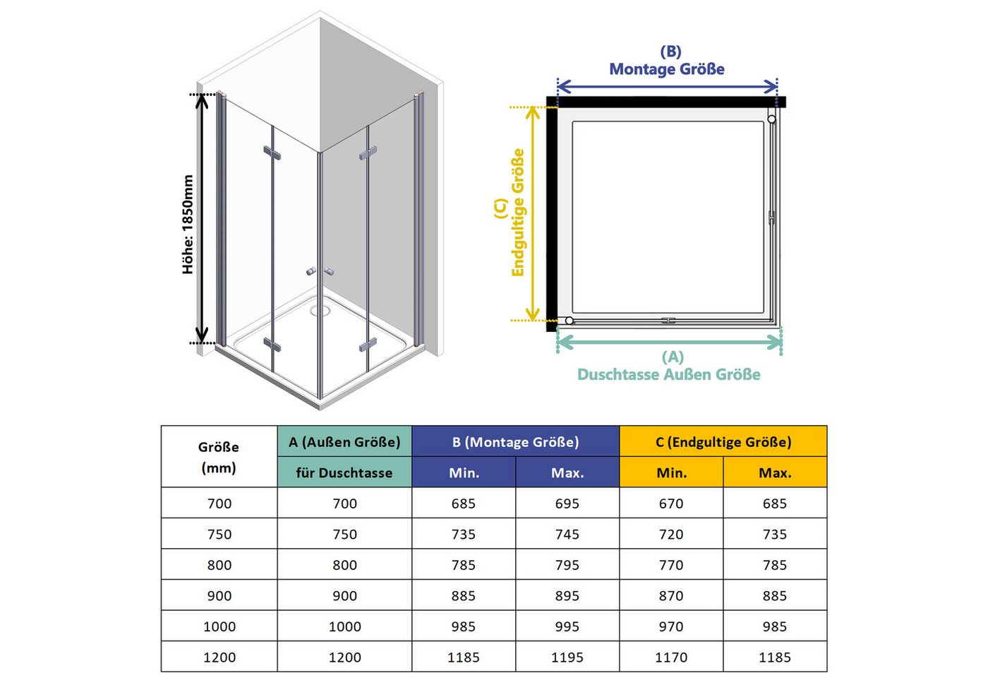 IMPTS Eckdusche Duschkabine Eckeinstieg Drehfalttür eckdusche, BxT: 70x70 cm, Sicherheitsglas, Falttür Faltdusche Falttürkabine, mit hochwertigen Aluminiumprofi – Bild 5 von 5