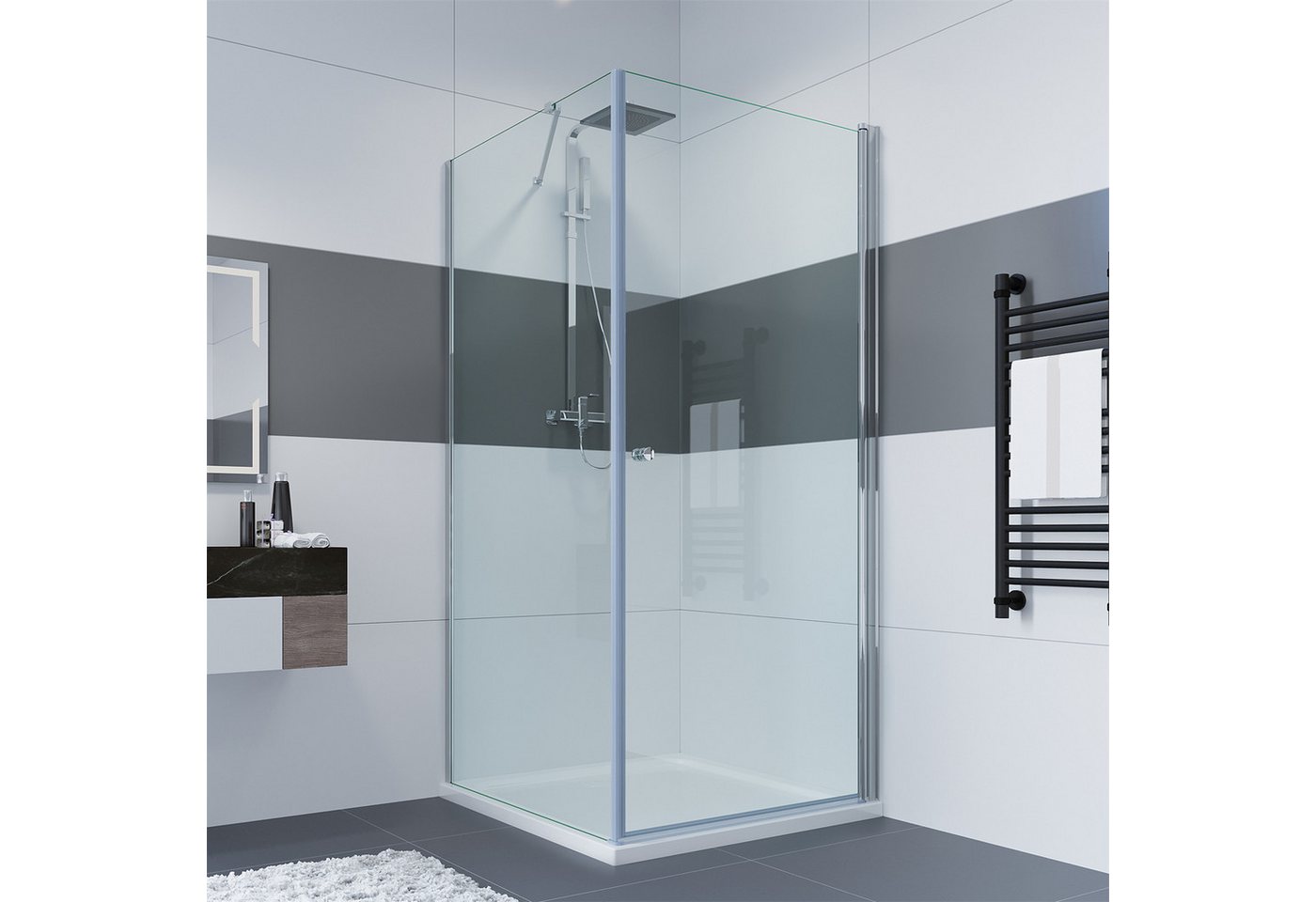 IMPTS Eckdusche Duschkabine mit Seitenwand Eckeinstieg Pendeltür, BxT: 70x70 cm, Sicherheitsglas, Duschkabine, Duschabtrennung, Duschtür mit Seitenwand, Ohne Du – Bild 2 von 5