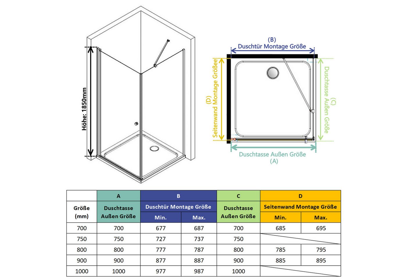 IMPTS Eckdusche Duschkabine mit Seitenwand Eckeinstieg Pendeltür, BxT: 70x70 cm, Sicherheitsglas, Duschkabine, Duschabtrennung, Duschtür mit Seitenwand, Ohne Du – Bild 4 von 5