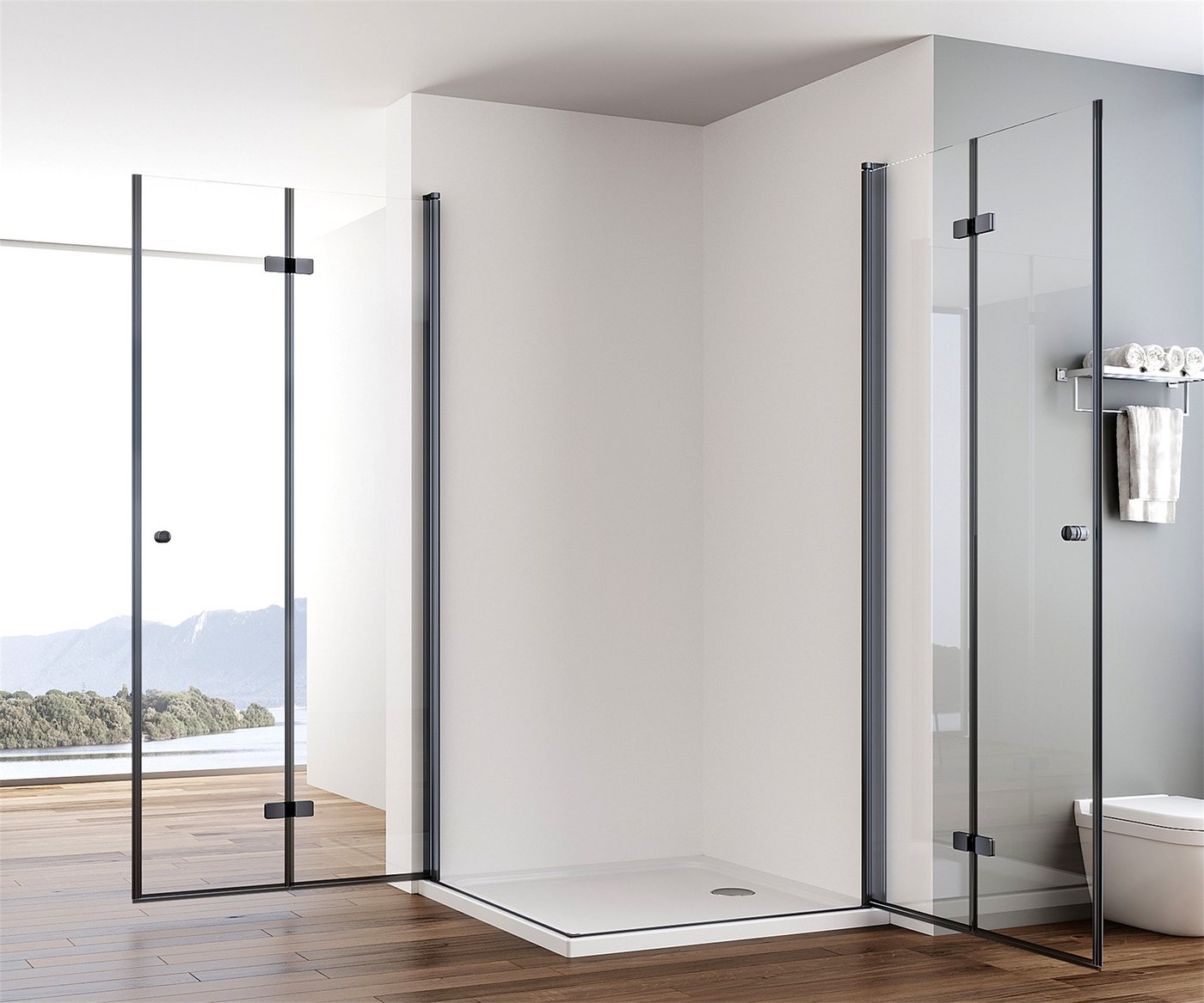 IMPTS Eckdusche Duschkabine Schwarz Eckeinstieg 180º Eckig Faltbar Dusche Falttür, BxT: 70x70 cm, Einscheibensicherheitsglas, Sicherheitsglas, Set, mit hochwert – Bild 4 von 5