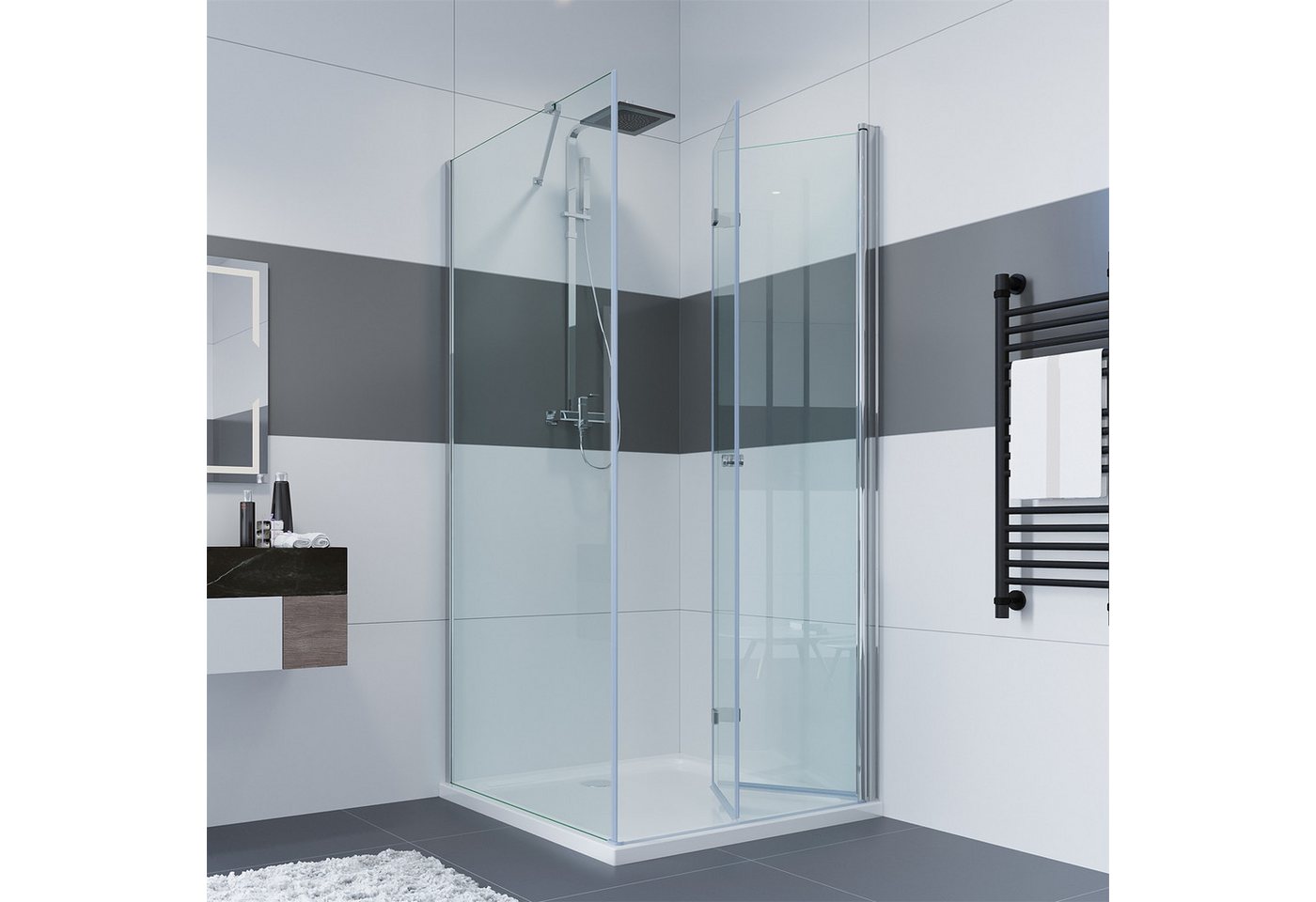 IMPTS Eckdusche Duschtür Falttür mit Seitenwand, BxT: 70x70 cm, Einscheibensicherheitsglas, Sicherheitsglas, Duschkabine Eckeinstieg falttür Duschtür, Duschabtr – Bild 3 von 5
