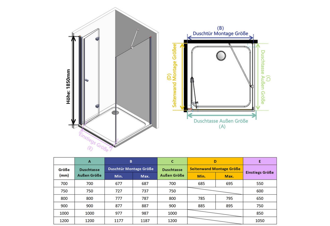 IMPTS Eckdusche Duschtür Falttür mit Seitenwand, BxT: 70x70 cm, Einscheibensicherheitsglas, Sicherheitsglas, Duschkabine Eckeinstieg falttür Duschtür, Duschabtr – Bild 4 von 5