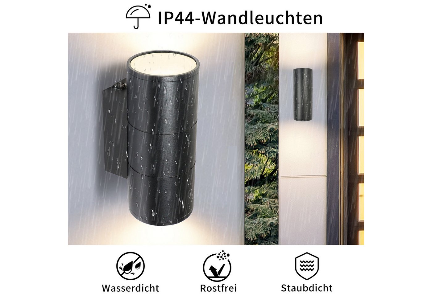 IMPTS LED Wandleuchte LED Schwarz Wandlampe Außen Innen 2 Stück Up Down Außenwandleuchten, LED wechselbar, Inkl 4 x GU10 Leuchtmittel, Warmweiß, Gartenstrahler  – Bild 2 von 5