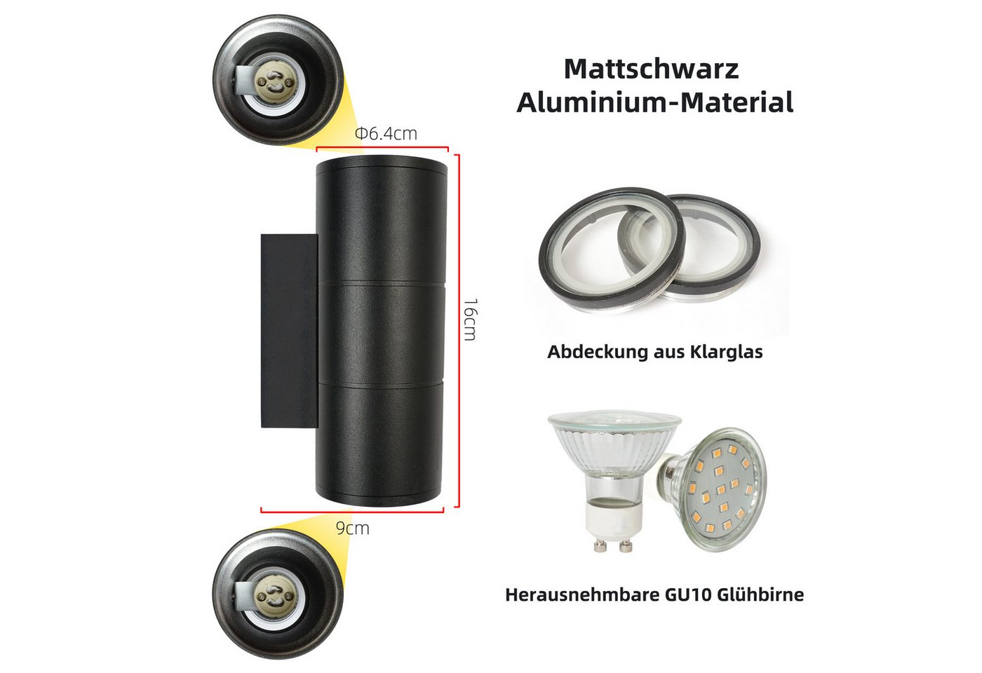 IMPTS LED Wandleuchte LED Schwarz Wandlampe Außen Innen 2 Stück Up Down Außenwandleuchten, LED wechselbar, Inkl 4 x GU10 Leuchtmittel, Warmweiß, Gartenstrahler  – Bild 3 von 5