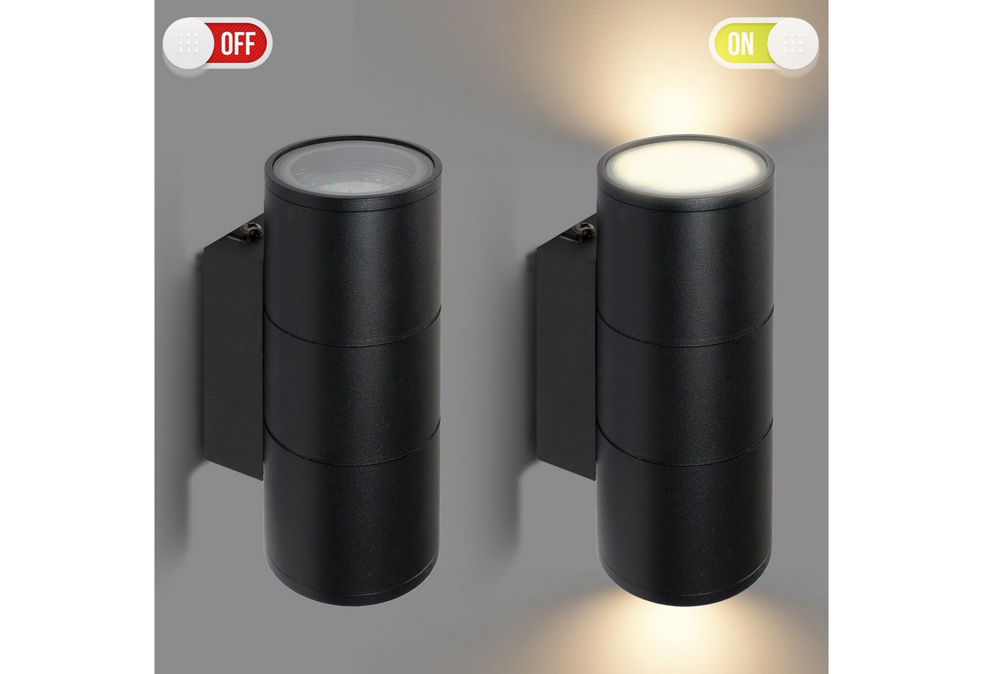 IMPTS LED Wandleuchte LED Schwarz Wandlampe Außen Innen 2 Stück Up Down Außenwandleuchten, LED wechselbar, Inkl 4 x GU10 Leuchtmittel, Warmweiß, Gartenstrahler  – Bild 4 von 5